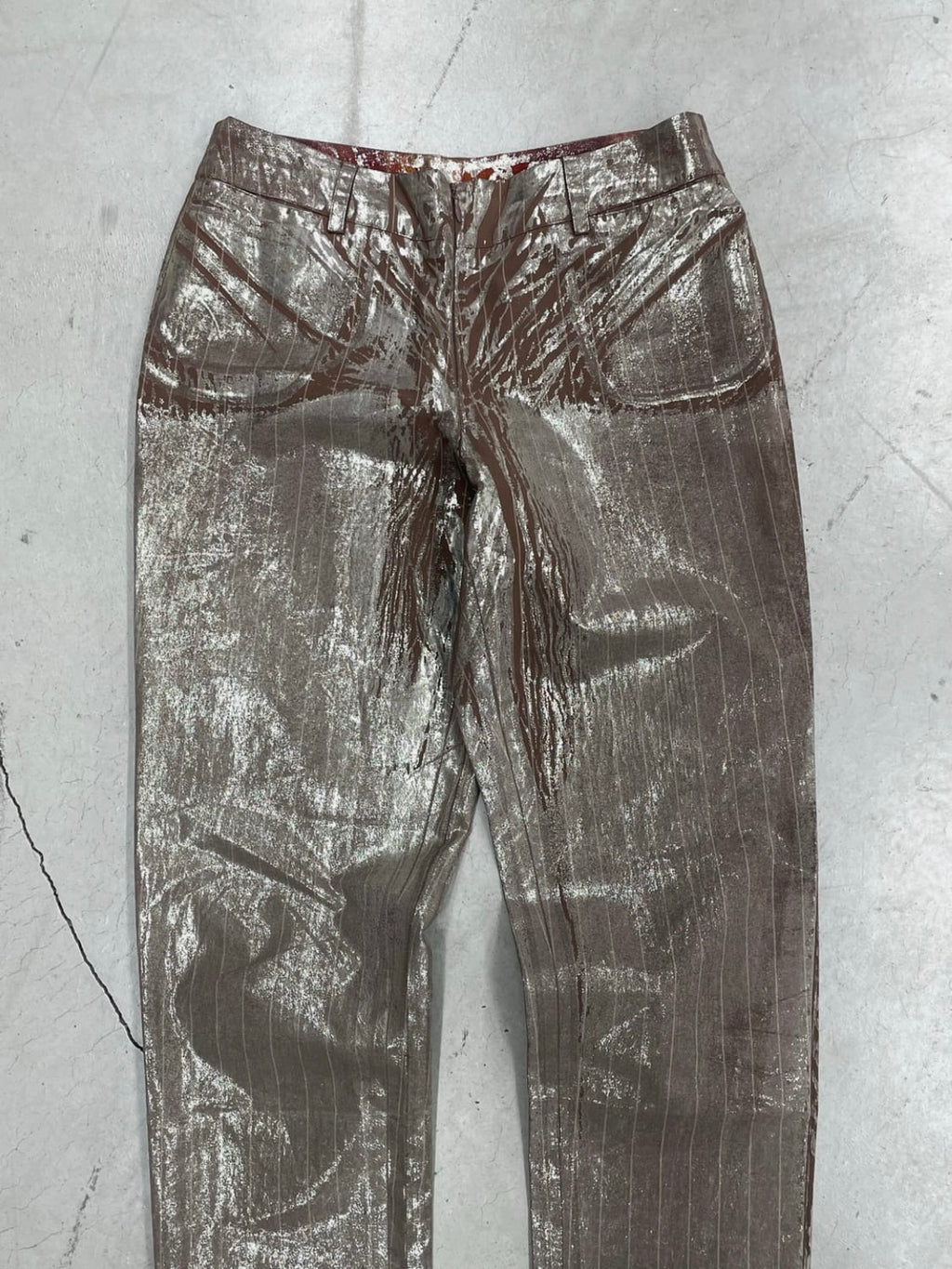JEAN PAUL GAULTIER 00‘s SILVER COATED PIN STRIPE PANTS (42)