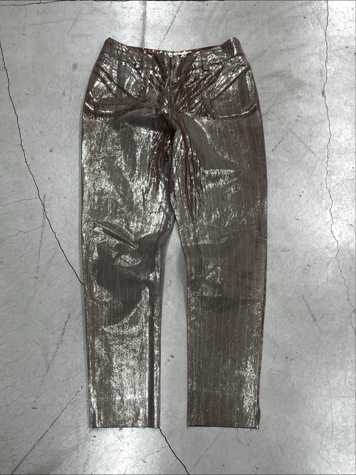 JEAN PAUL GAULTIER 00‘s SILVER COATED PIN STRIPE PANTS (42)
