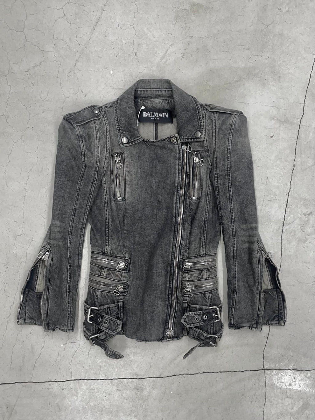 BALMAIN 2010s/s decarnin 
padded shoulder denim biker jacket
