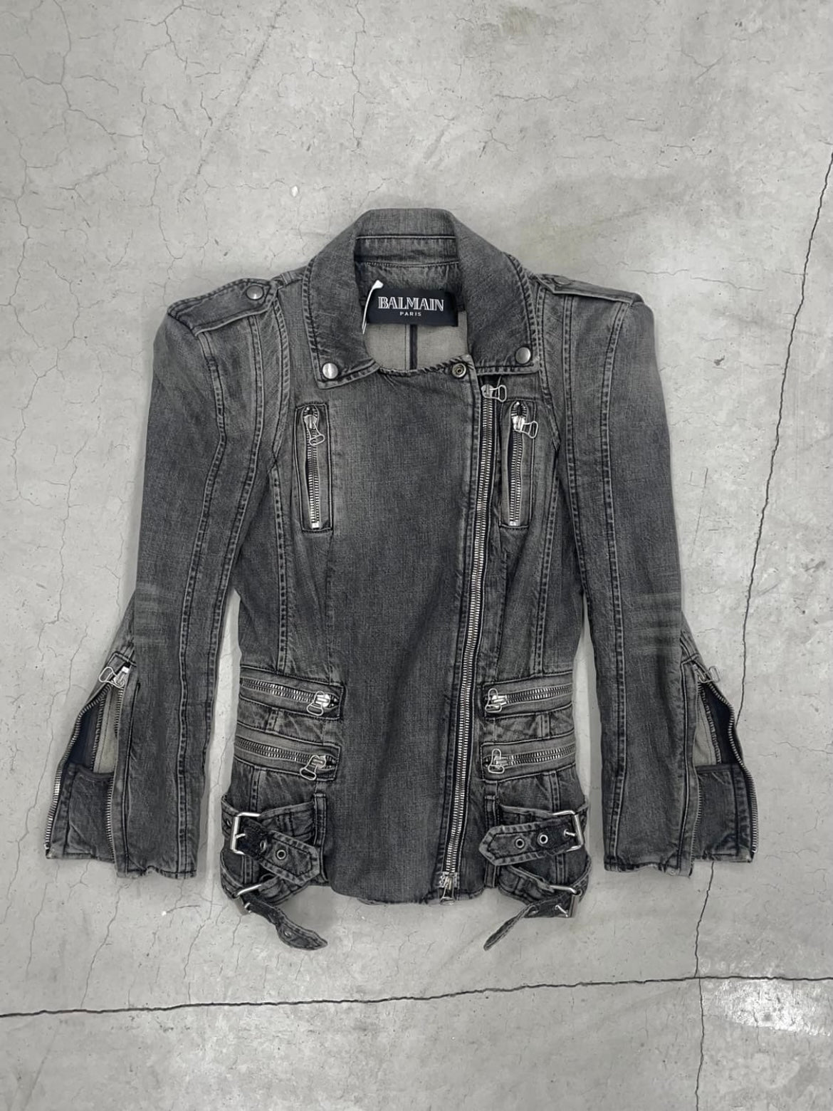 BALMAIN 2010s/s decarnin 
padded shoulder denim biker jacket