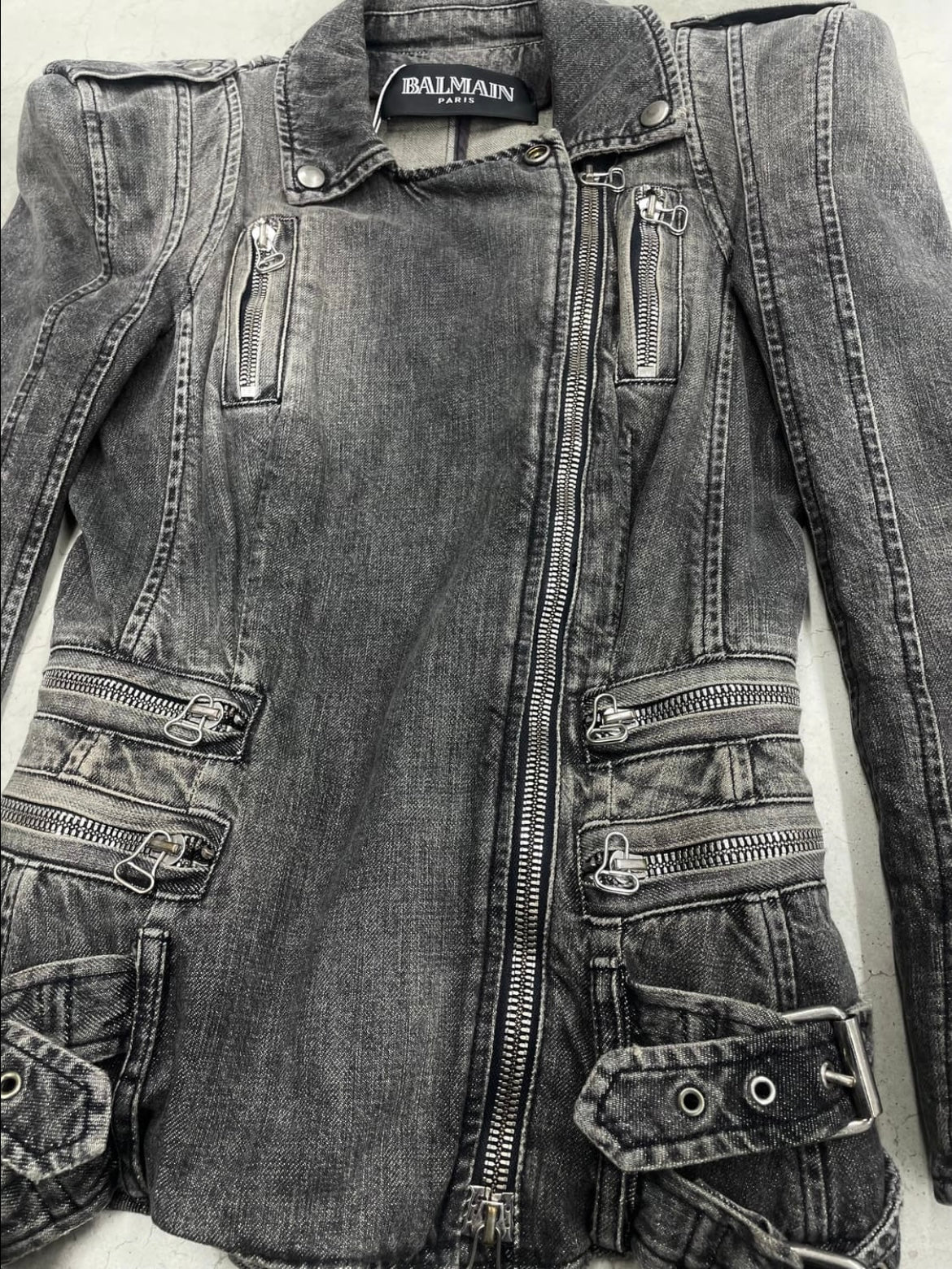 BALMAIN 2010s/s decarnin 
padded shoulder denim biker jacket