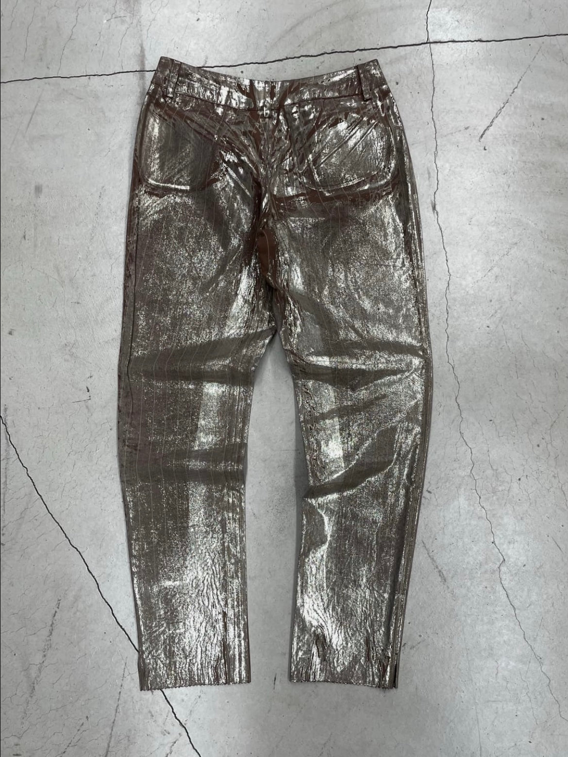 JEAN PAUL GAULTIER 00‘s SILVER COATED PIN STRIPE PANTS (42)